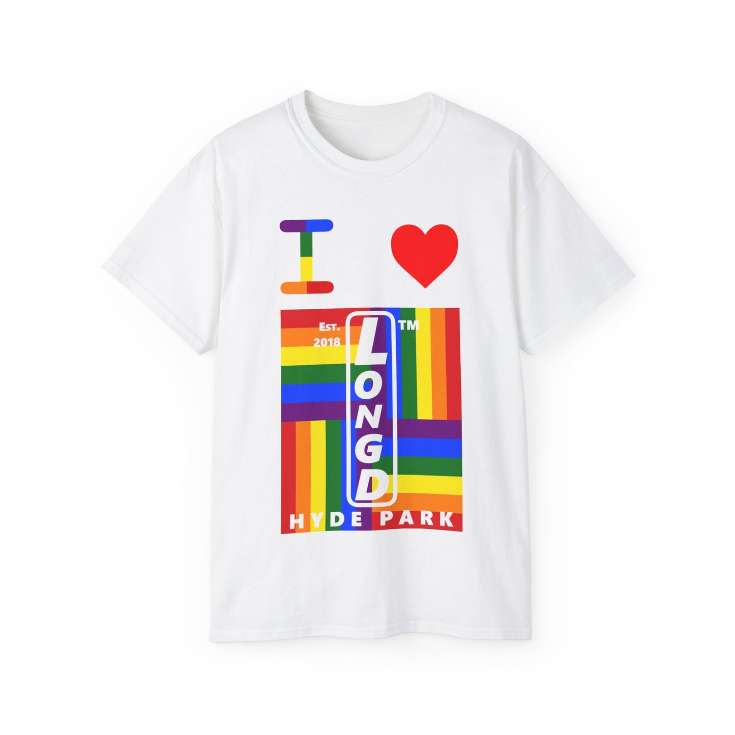 I Luv LongD Cotton Tee negative windmill Hyde Park upright logo (Pride colors)