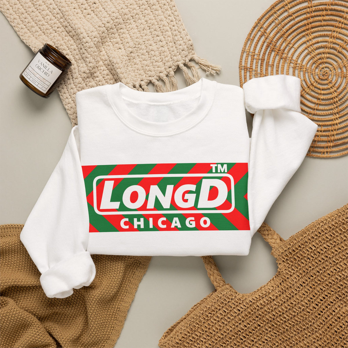 LongD Chicago negative leftward chevron logo (Xmas colors) crewneck sweatshirt