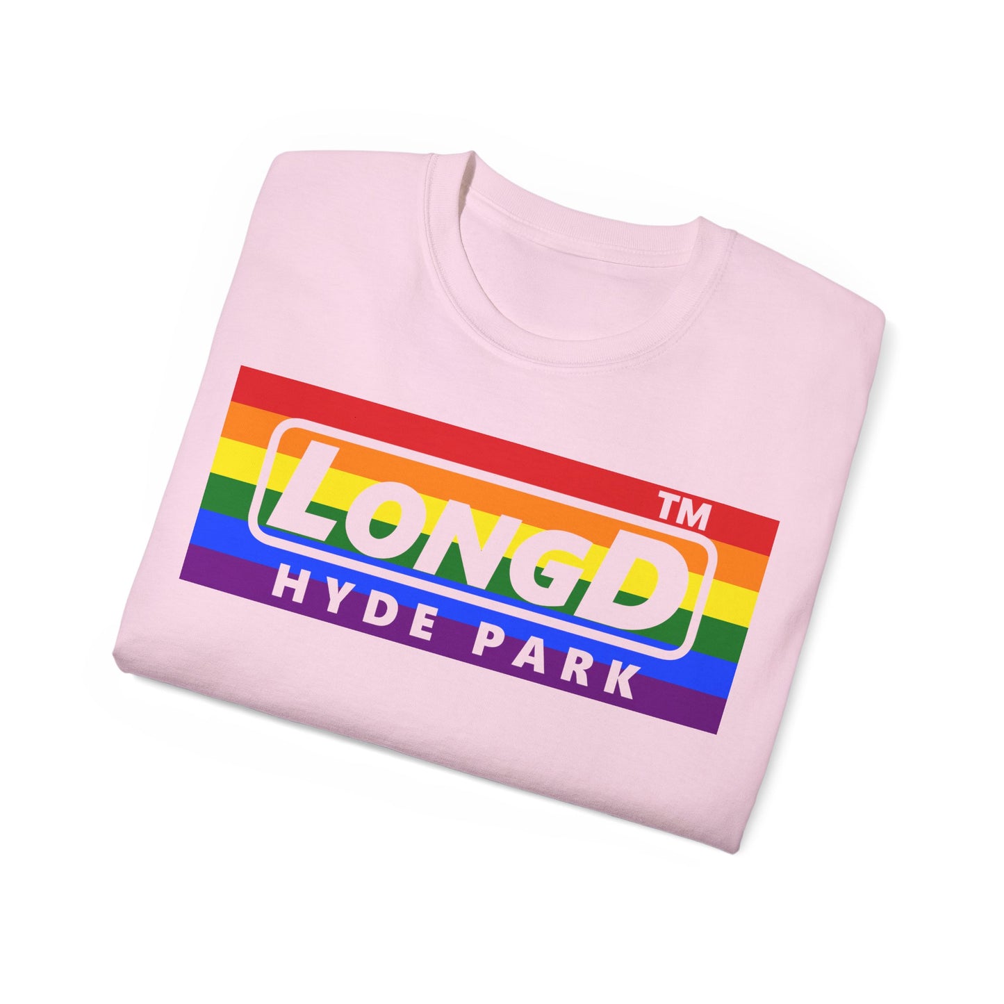 LongD negative horizontal striped Hyde Park logo cotton tee (Pride colors)