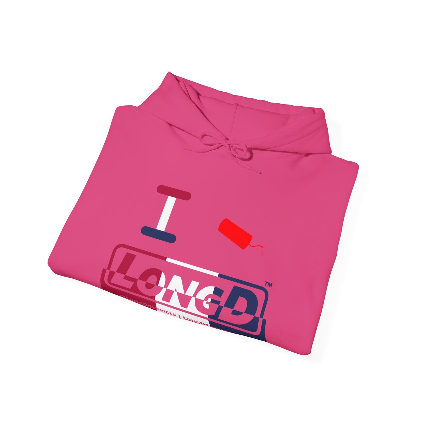 I Firecracker LongD® Logo Hoodie red, white and blue positive top negative bottom thirds