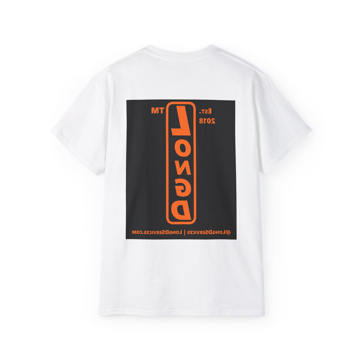 LongD Tag-domain upright front-back logo orange (FE7518) on Black (000000) cotton tee