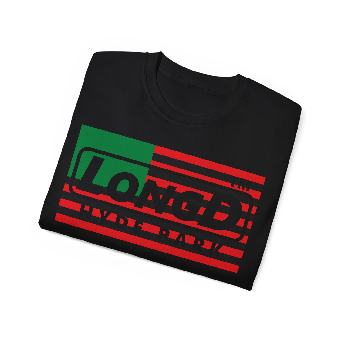 LongD negative flag Hyde Park logo 4-print cotton tee (Juneteenth colors)