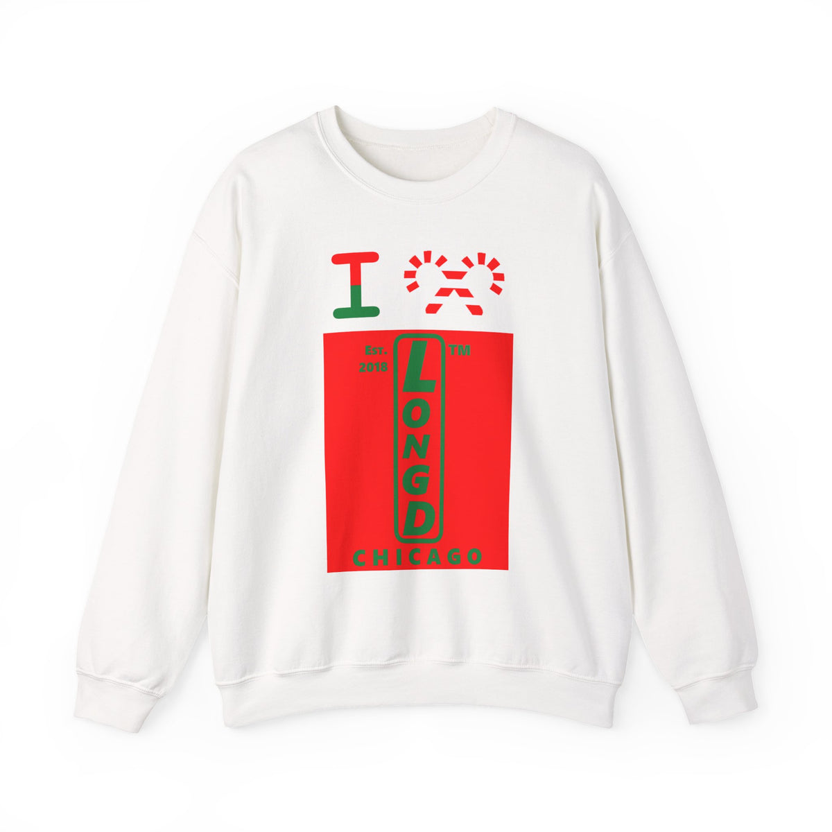 I candy cane LongD Chicago upright logo positive green on negative red crewneck sweatshirt