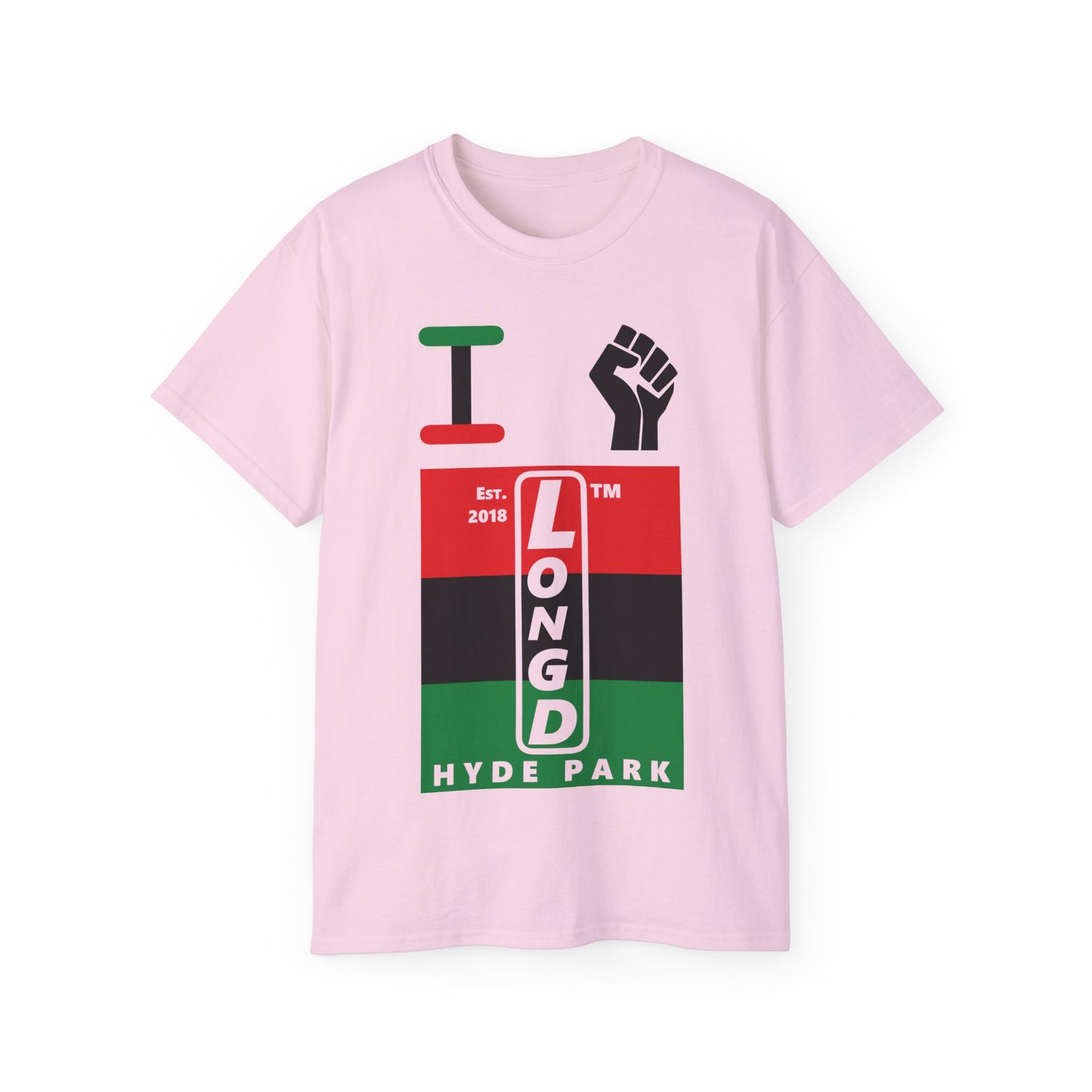I fist LongD Cotton Tee negative horizontal striped Hyde Park upright logo (Juneteenth colors)