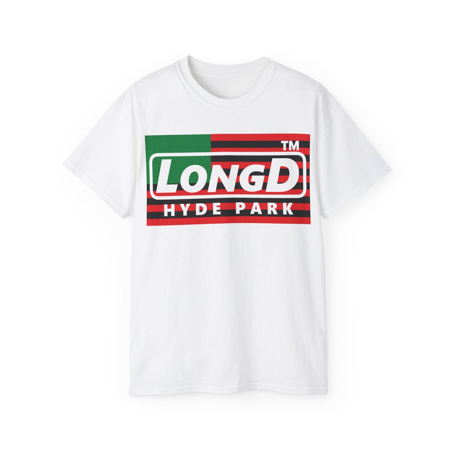 LongD negative flag Hyde Park logo cotton tee (Juneteenth colors)