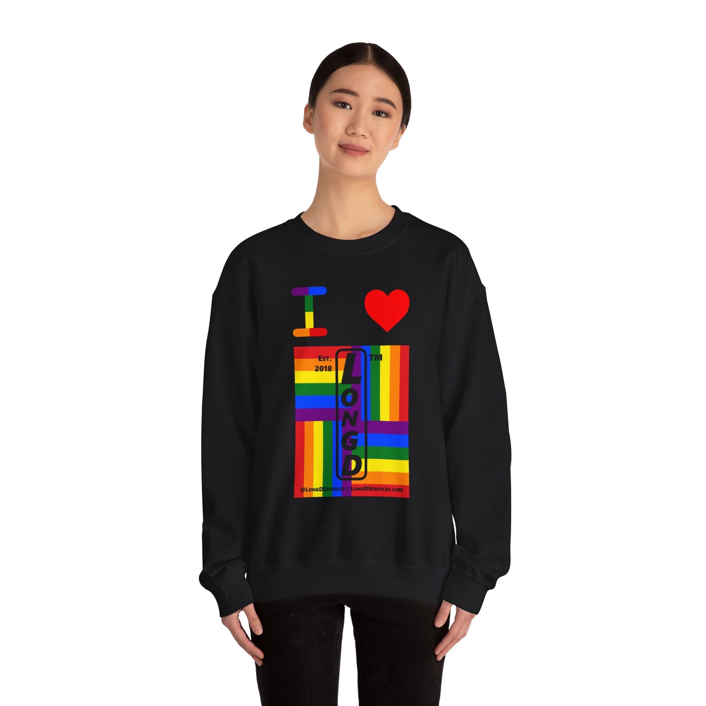 I Luv LongD negative windmill tag-domain upright front-back logo crewneck sweatshirt