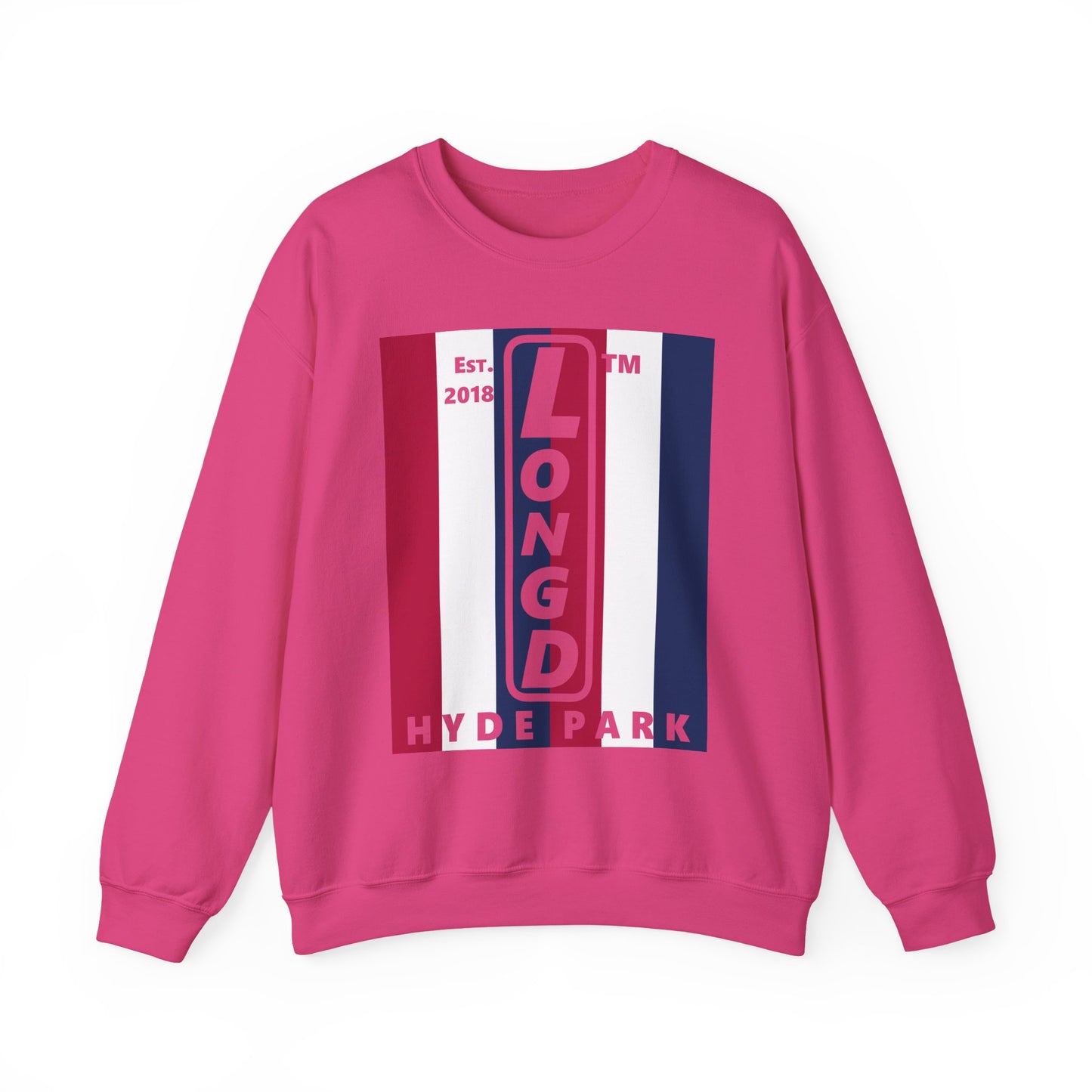 LongD negative vertical 6-striped Hyde Park upright logo crewneck sweatshirt (patriotic colors)