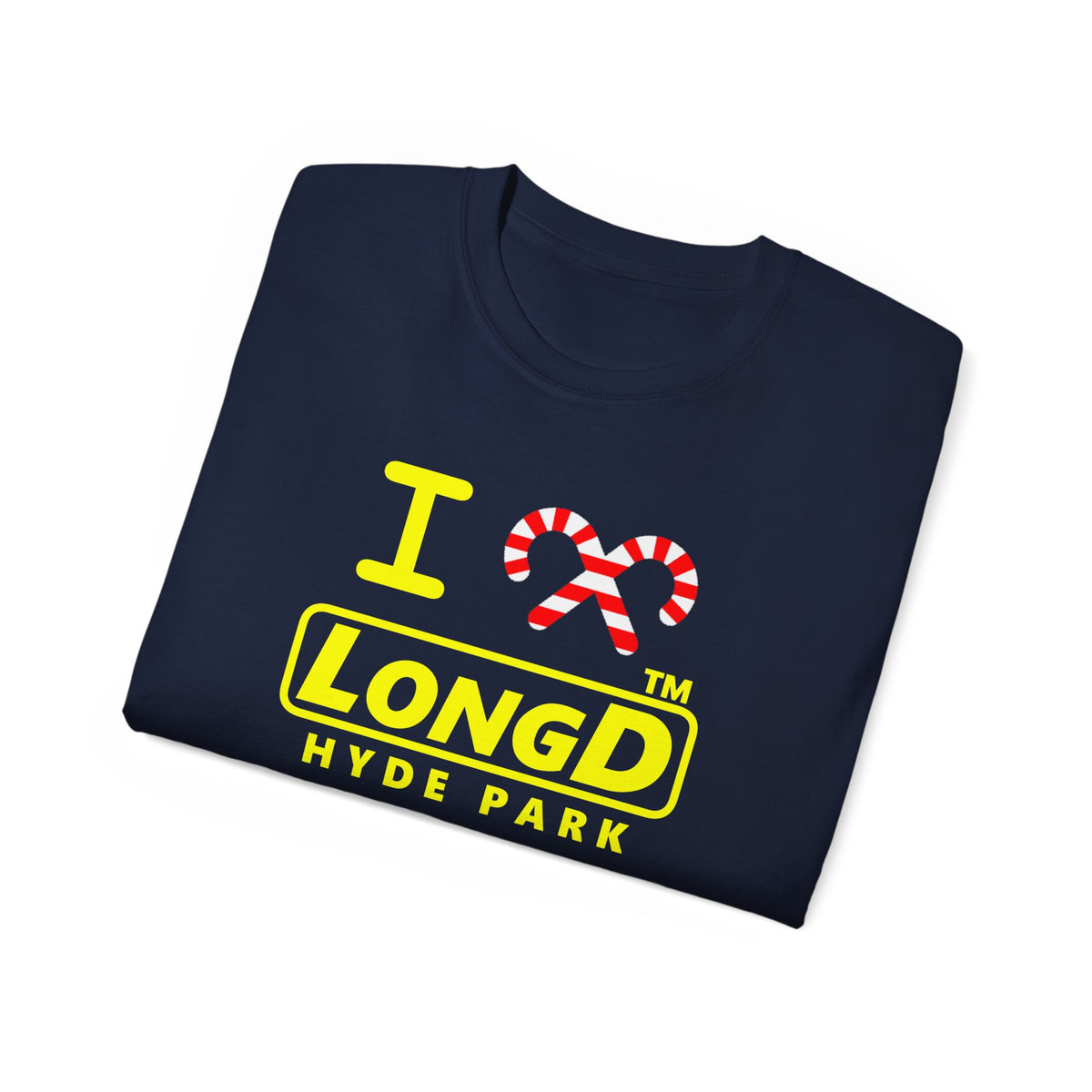 I candy cane LongD Hyde Park positive alternate basic yellow logo cotton tee