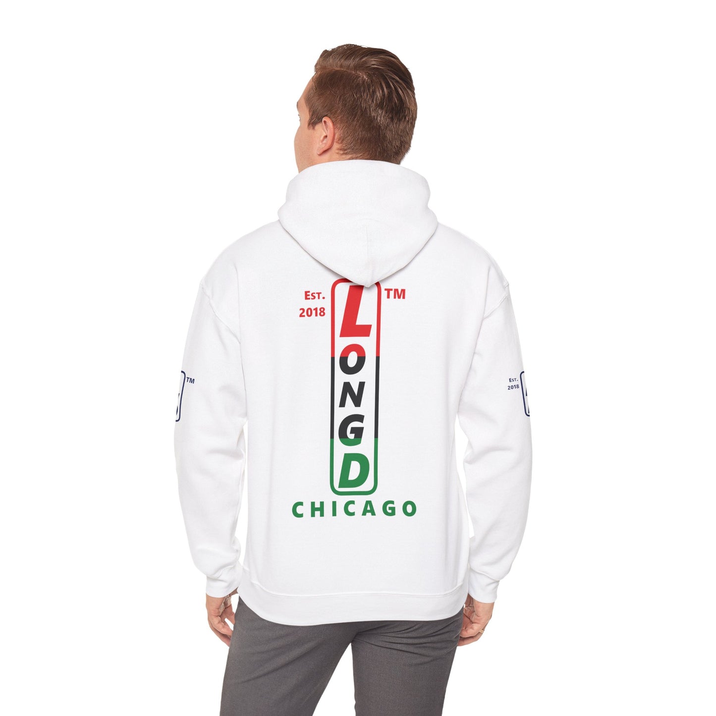 LongD® positive horizontal 3-striped Chicago 4-print upright logo hoodie (Juneteenth colors)
