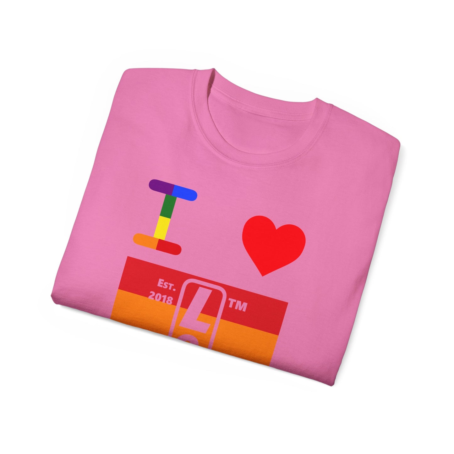 I Luv LongD Cotton Tee negative horizontal striped Chicago upright logo (Pride colors)