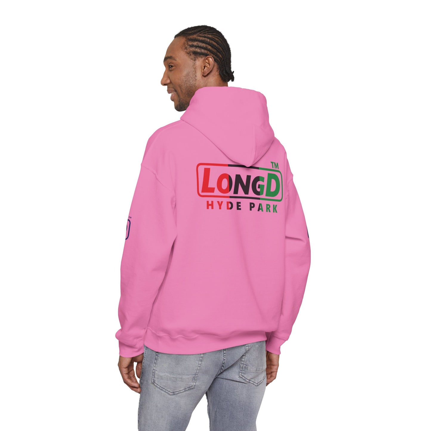 LongD® positive vertical 3-striped 4-print single-breasted Hyde Park logo Hoodie (Juneteenth colors)