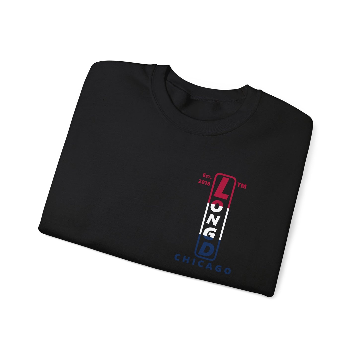 LongD positive horizontal 3-striped Chicago upright 4-print single-breasted logo crewneck sweatshirt (patriotic colors)