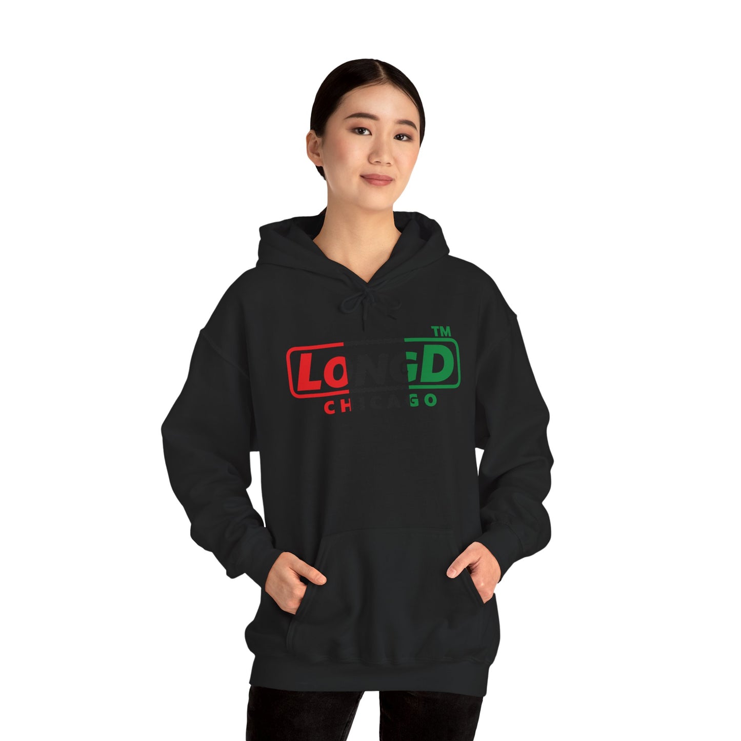 LongD® positive vertical 3-striped Chicago logo Hoodie (Juneteenth colors)