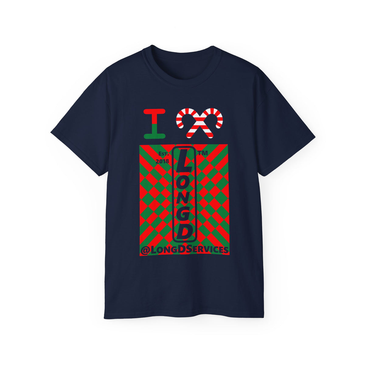 I candy cane LongD Tag negative upright stylized argyle logo cotton tee