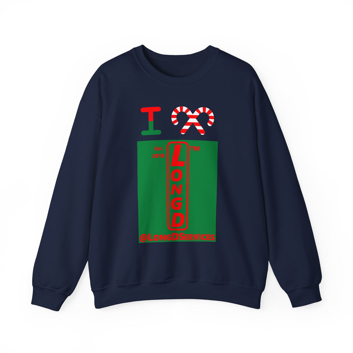 I candy cane LongD Tag upright front-back logo positive red on negative green crewneck sweatshirt