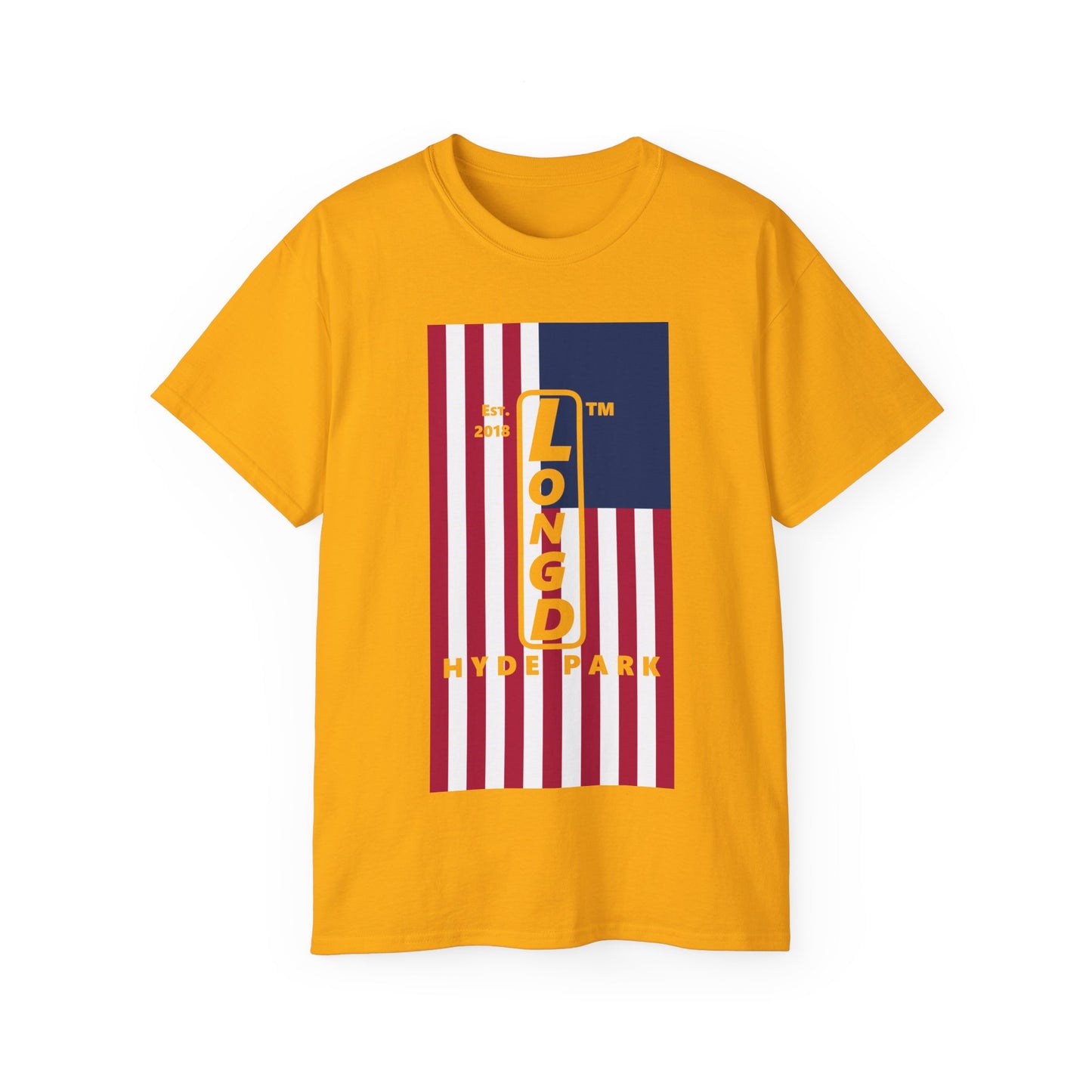 LongD cotton tee negative flag Hyde Park upright logo (Patriotic colors)