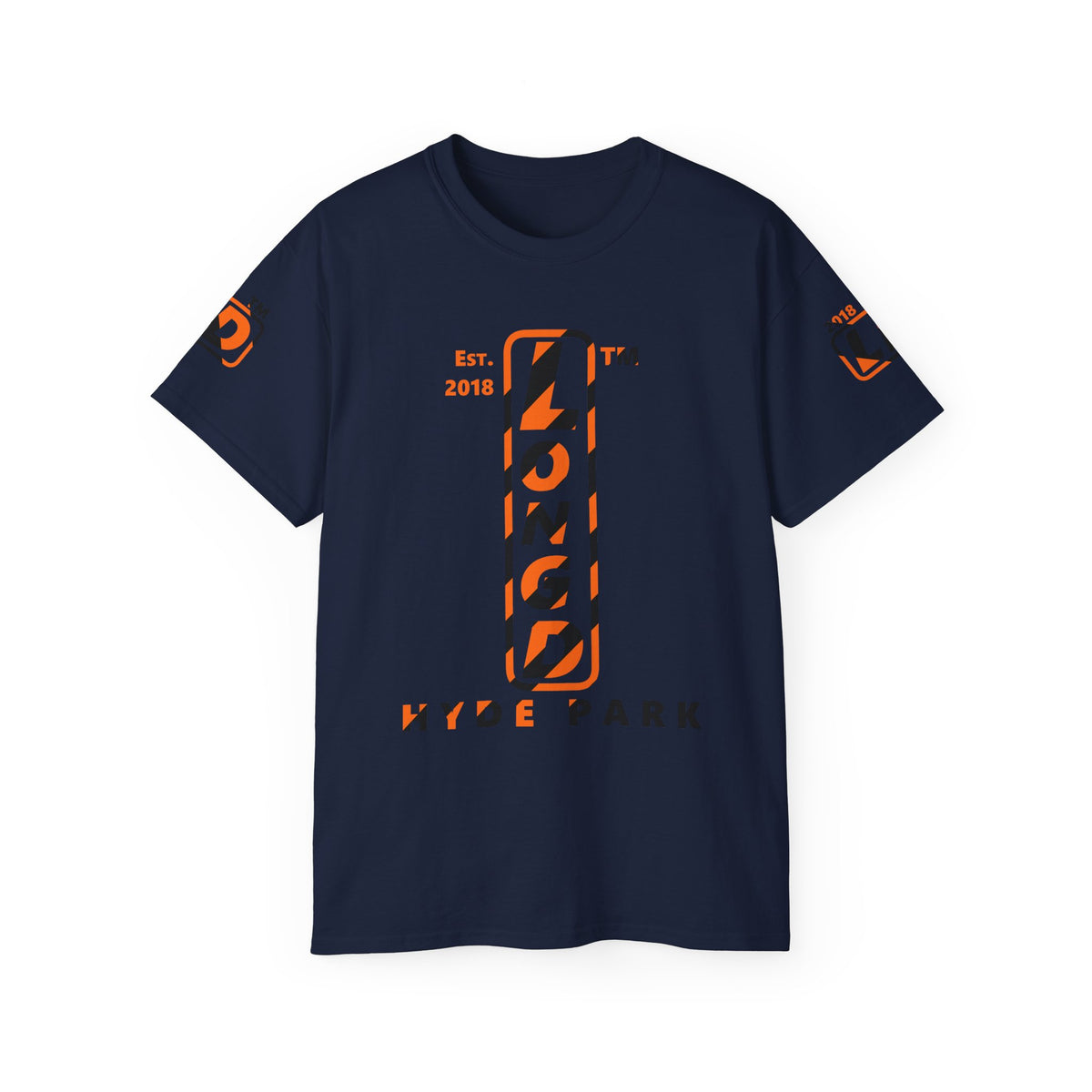 LongD Hyde Park positive upright pixel-weighted 12-striped 4-print logo (Halloween colors) cotton tee