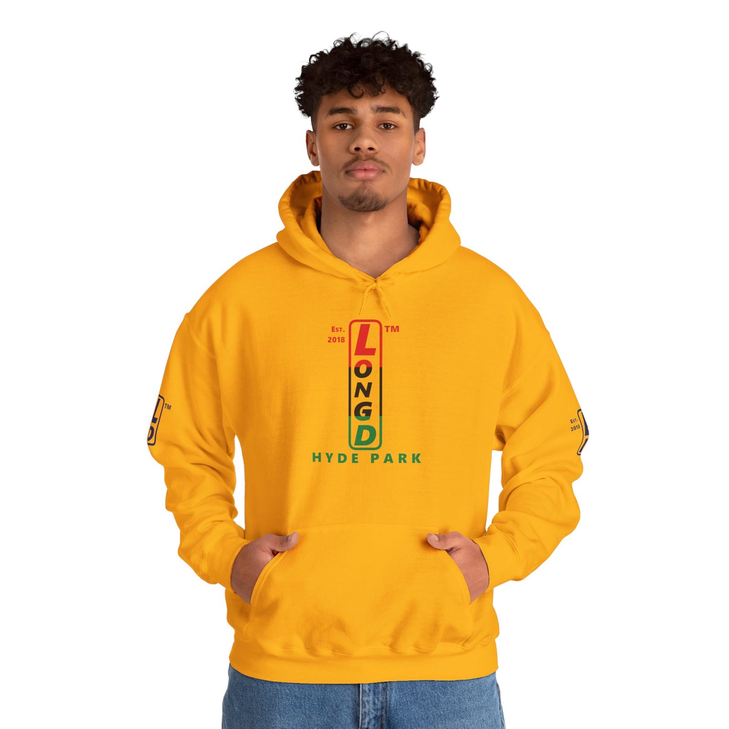 LongD® positive horizontal 3-striped Hyde Park 4-print upright logo hoodie (Juneteenth colors)