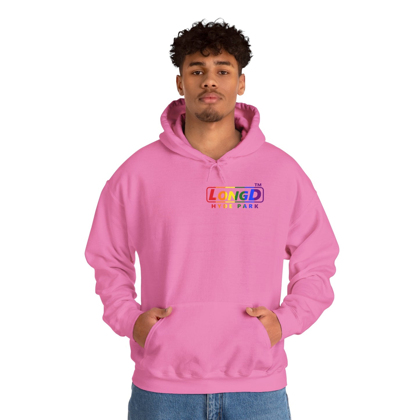 LongD® positive vertical striped single-breasted front-back Hyde Park logo hoodie (Pride colors)