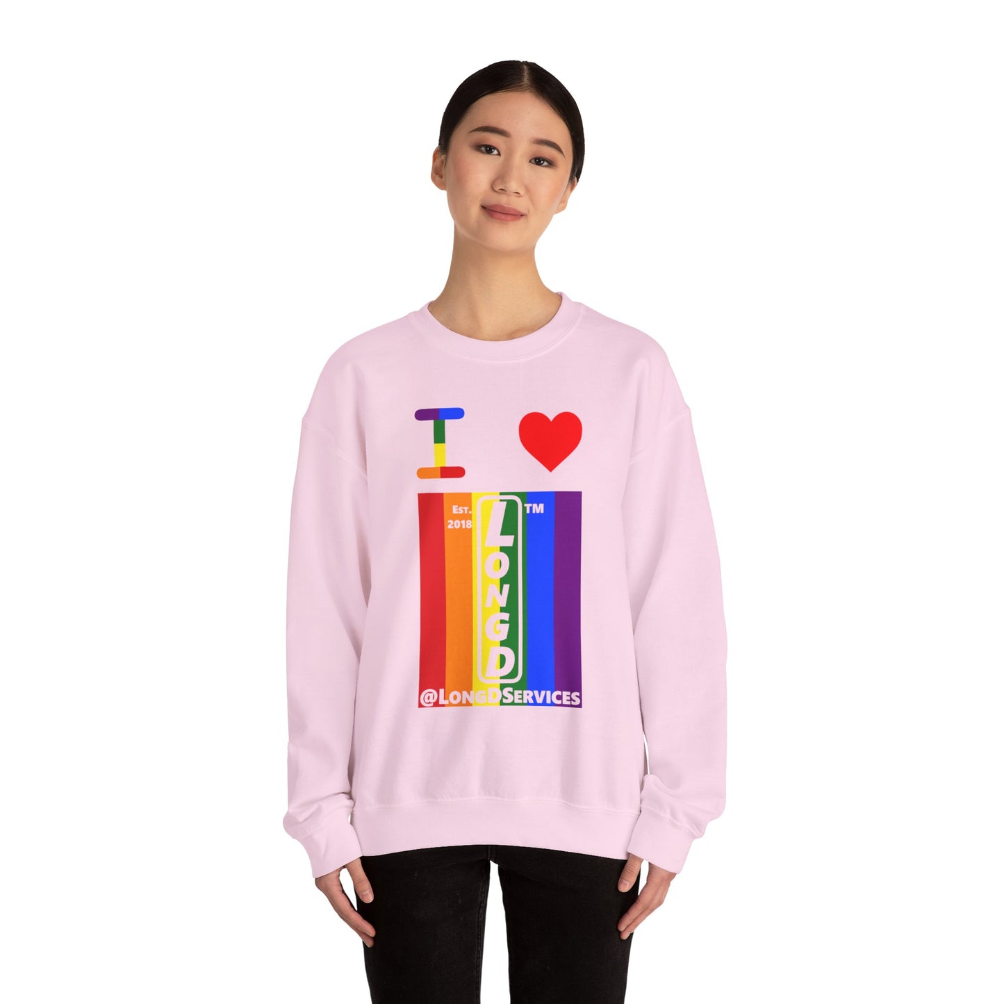 I Luv LongD negative vertical 6-striped tag upright logo crewneck sweatshirt