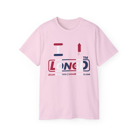 I firecracker LongD positive vertical 6-striped tag-domain logo cotton tee