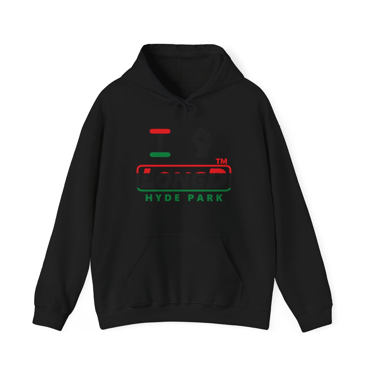 I fist LongD® positive horizontal 3-striped Hyde Park logo Hoodie (Juneteenth colors)