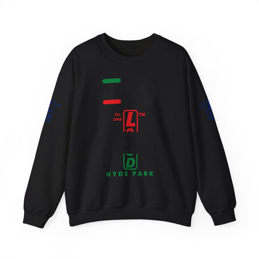 I Fist LongD positive horizontal 6-striped Hyde Park upright 4-print logo crewneck sweatshirt