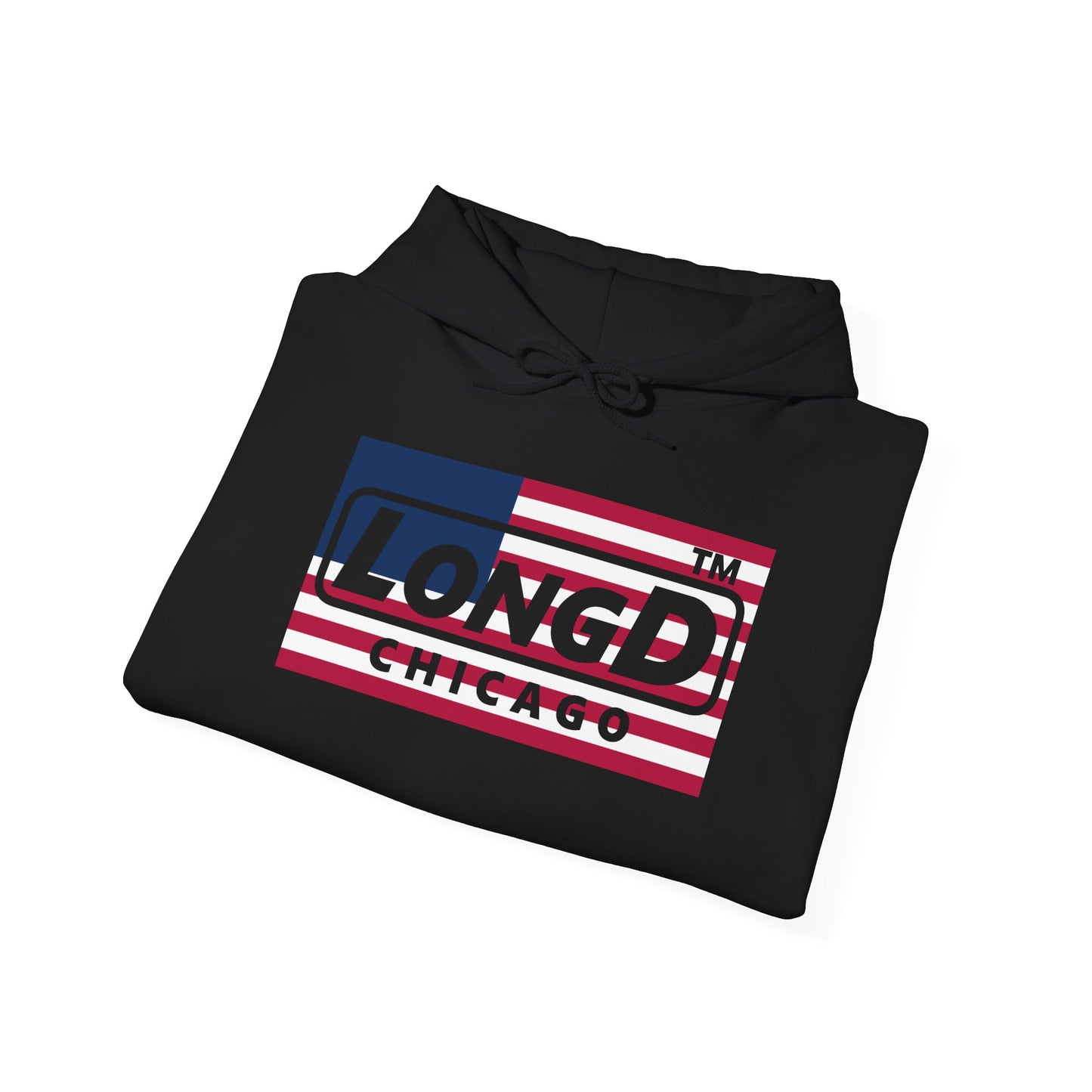 LongD® negative flag front-back double breasted Chicago logo hoodie (patriotic colors)