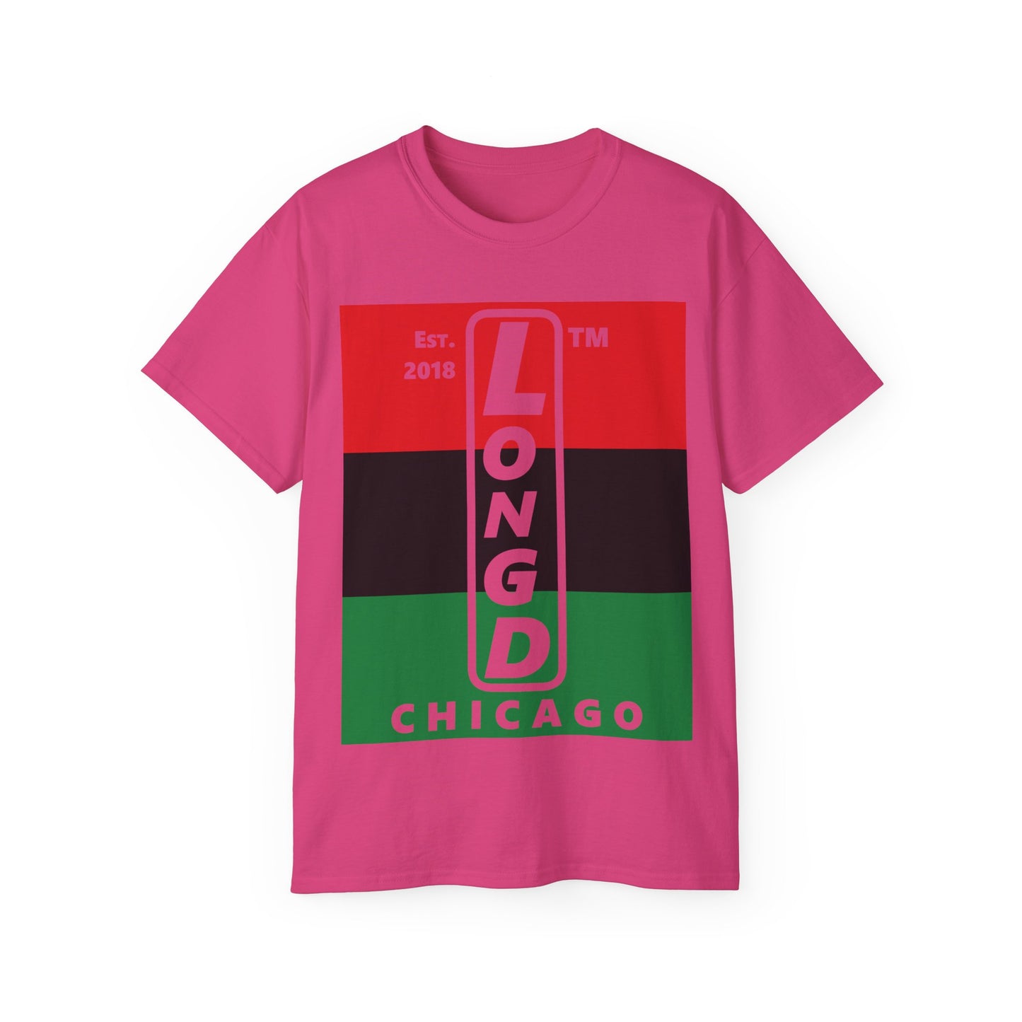 LongD Cotton Tee negative horizontal striped Chicago upright logo (Juneteenth colors)