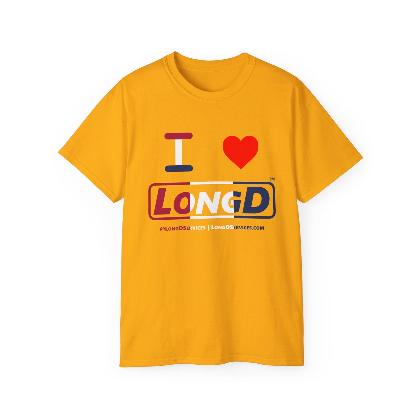 I Luv LongD® Logo Cotton Tee Red, White and Blue positive thirds text