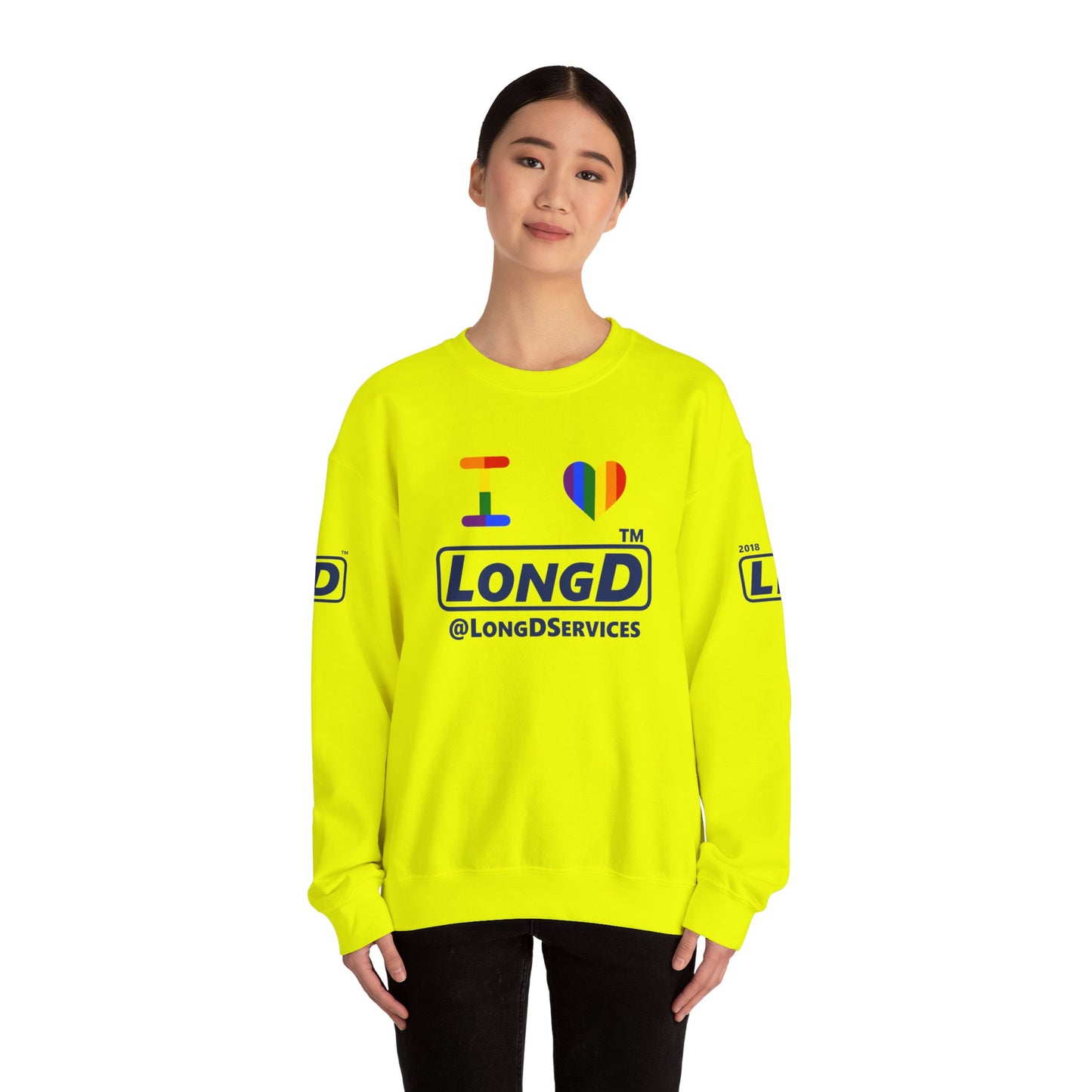 I Luv LongD official basic 4-print tag logo crewneck sweatshirt with Pride heart