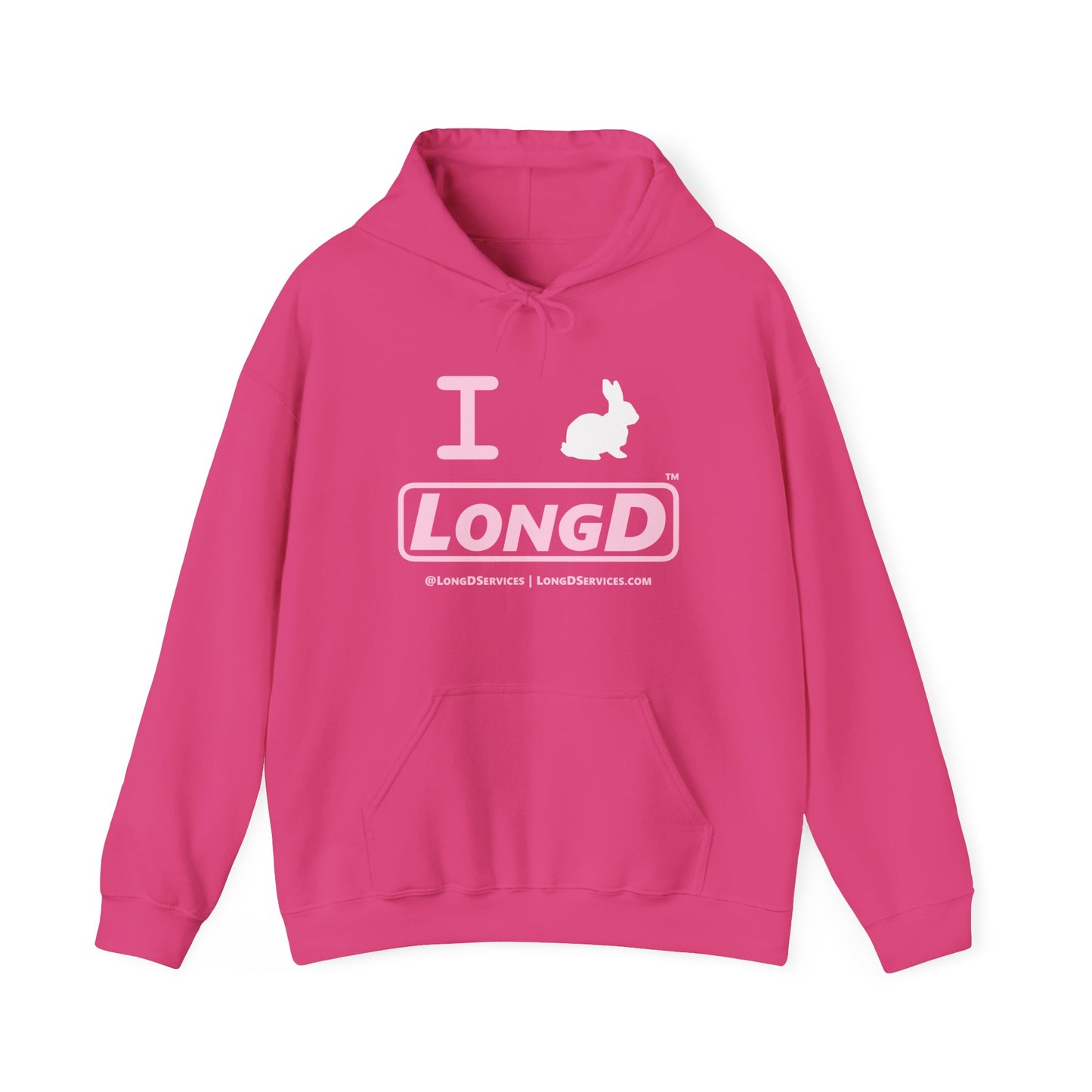 I Bunny LongD® Logo Hoodie Pastel pink text (White Easter Bunny)