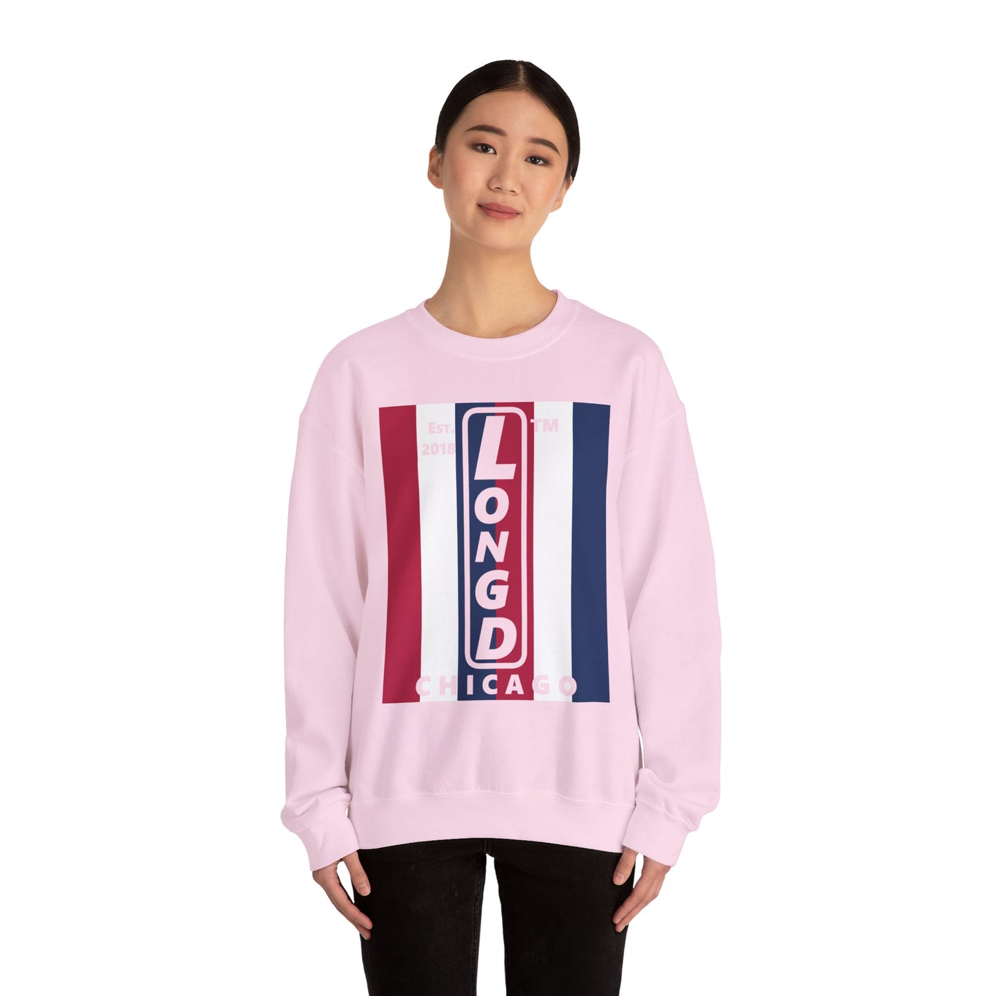 LongD negative vertical 6-striped Chicago logo crewneck sweatshirt (patriotic colors)