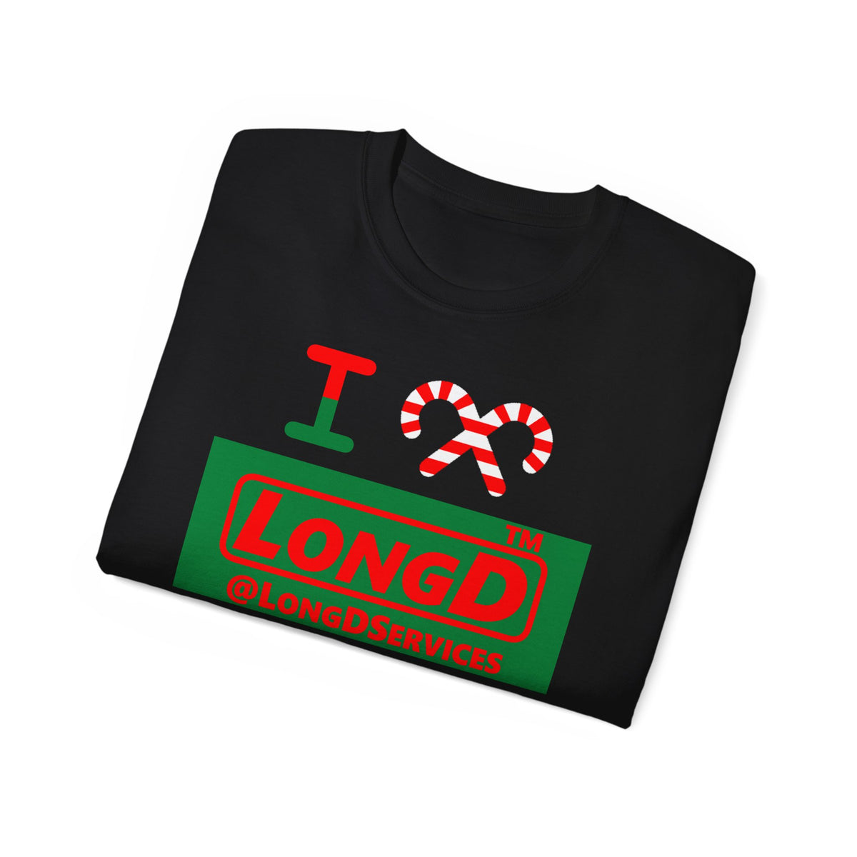 I candy cane LongD Tag logo positive red on negative green cotton tee