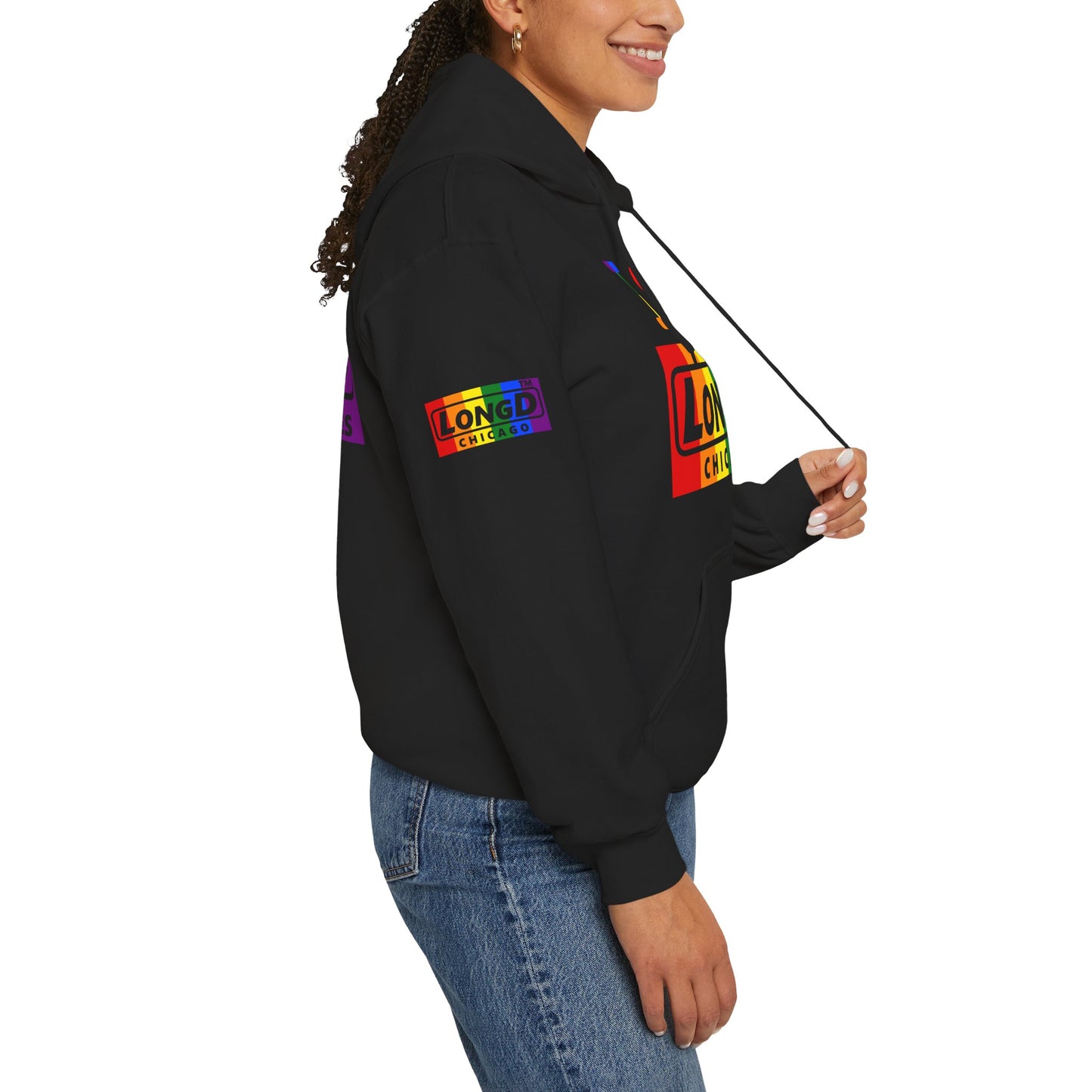 I Luv LongD® negative vertical striped 4-print Chicago logo hoodie (Pride colors)