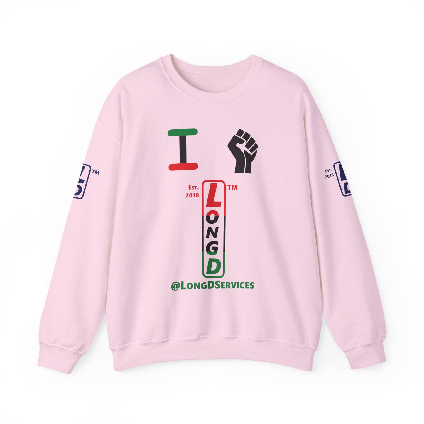 I Fist LongD positive horizontal 3-striped tag upright 4-print logo crewneck sweatshirt