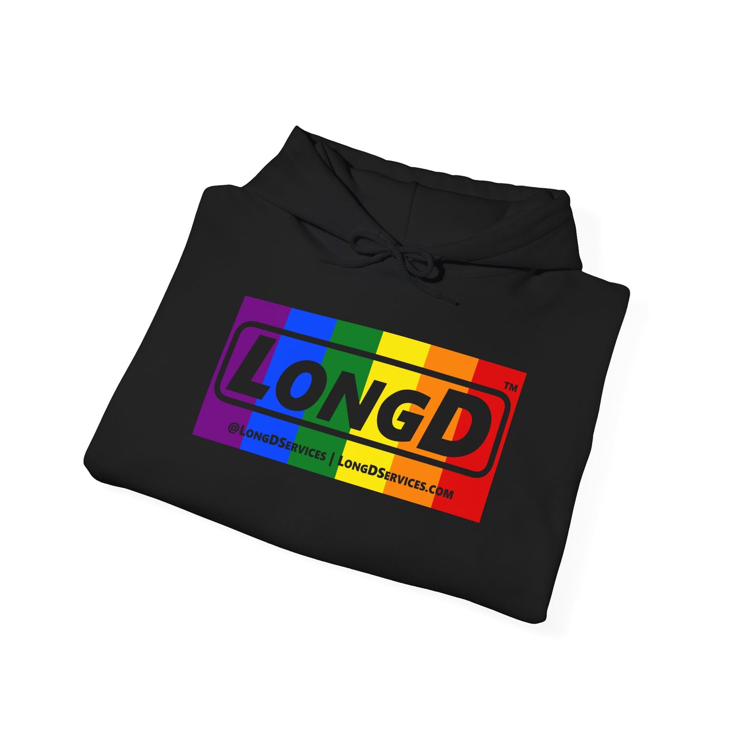 LongD® Logo Hoodie with Pride rainbow negative text