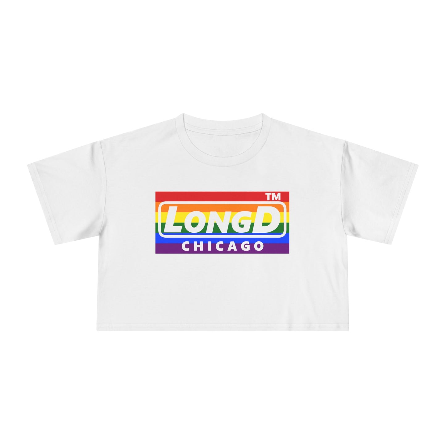 LongD negative horizontal 6-striped Chicago logo crop tee (Pride colors)