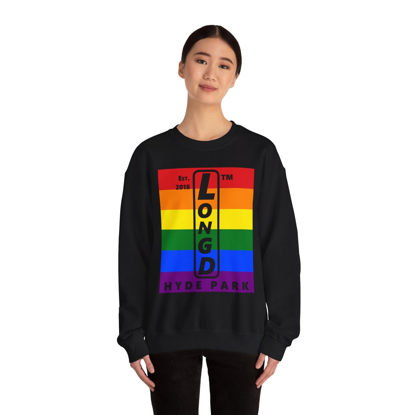 LongD negative horizontal 6-striped Hyde Park upright logo crewneck sweatshirt (Pride colors)