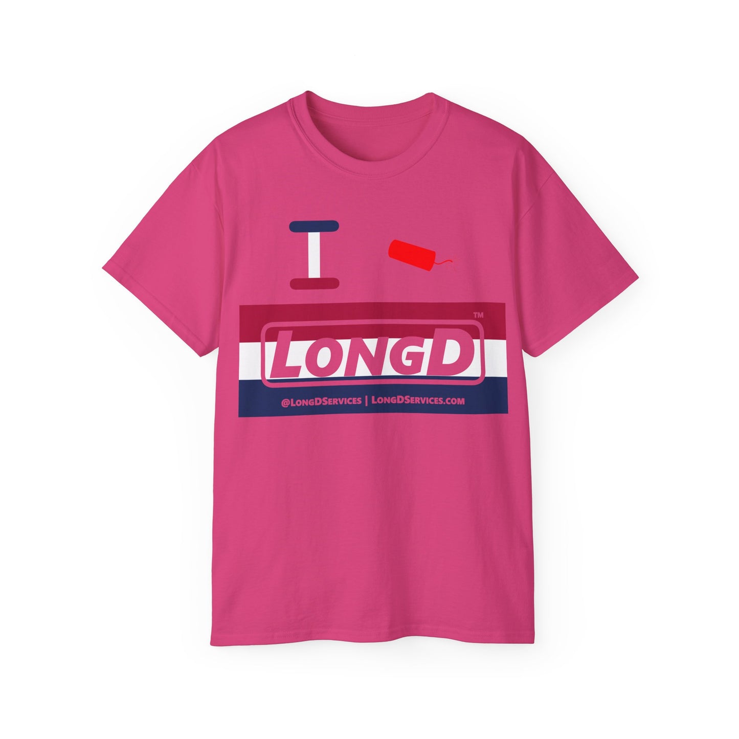 I Firecracker LongD® Logo Cotton Tee Red, White and Blue striped thirds text