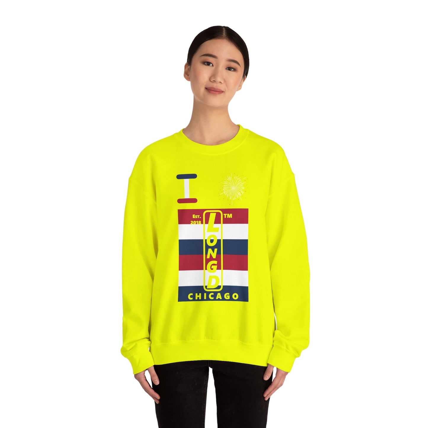 I Burst LongD negative horizontal 6-striped Hyde Park upright logo crewneck sweatshirt