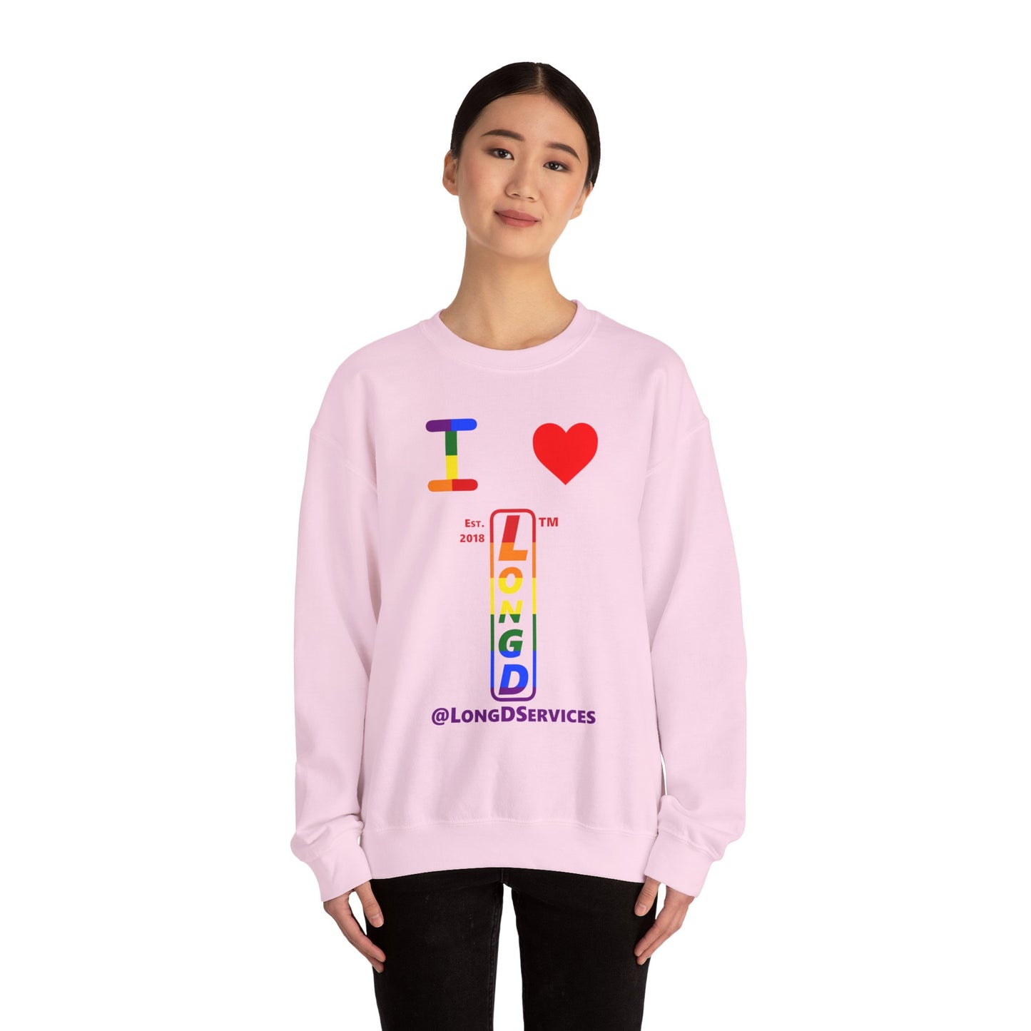 I Luv LongD positive horizontal 6-striped tag upright logo crewneck sweatshirt