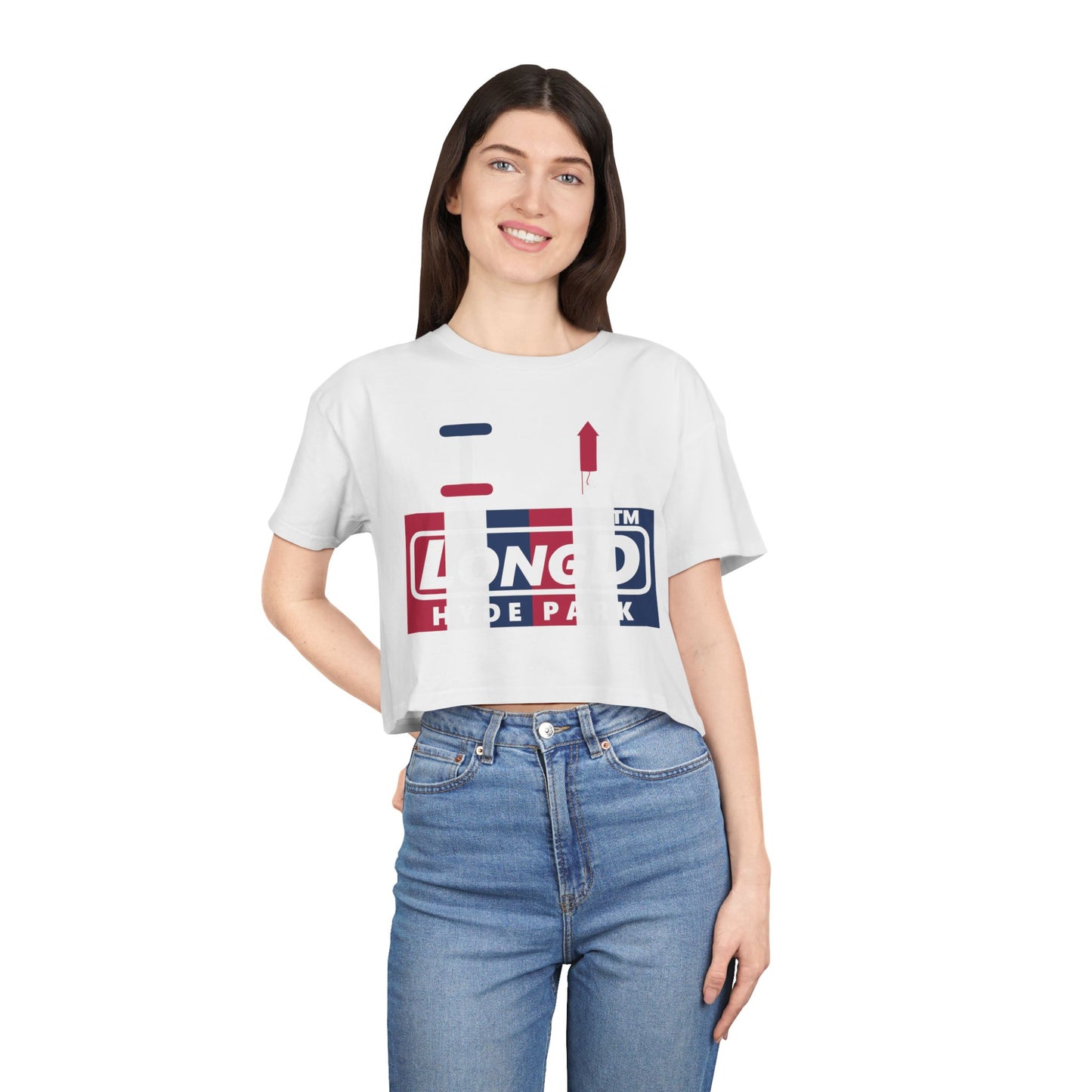 I firecracker LongD negative vertical 6-striped Hyde Park Logo Crop Tee (Patriotic colors)