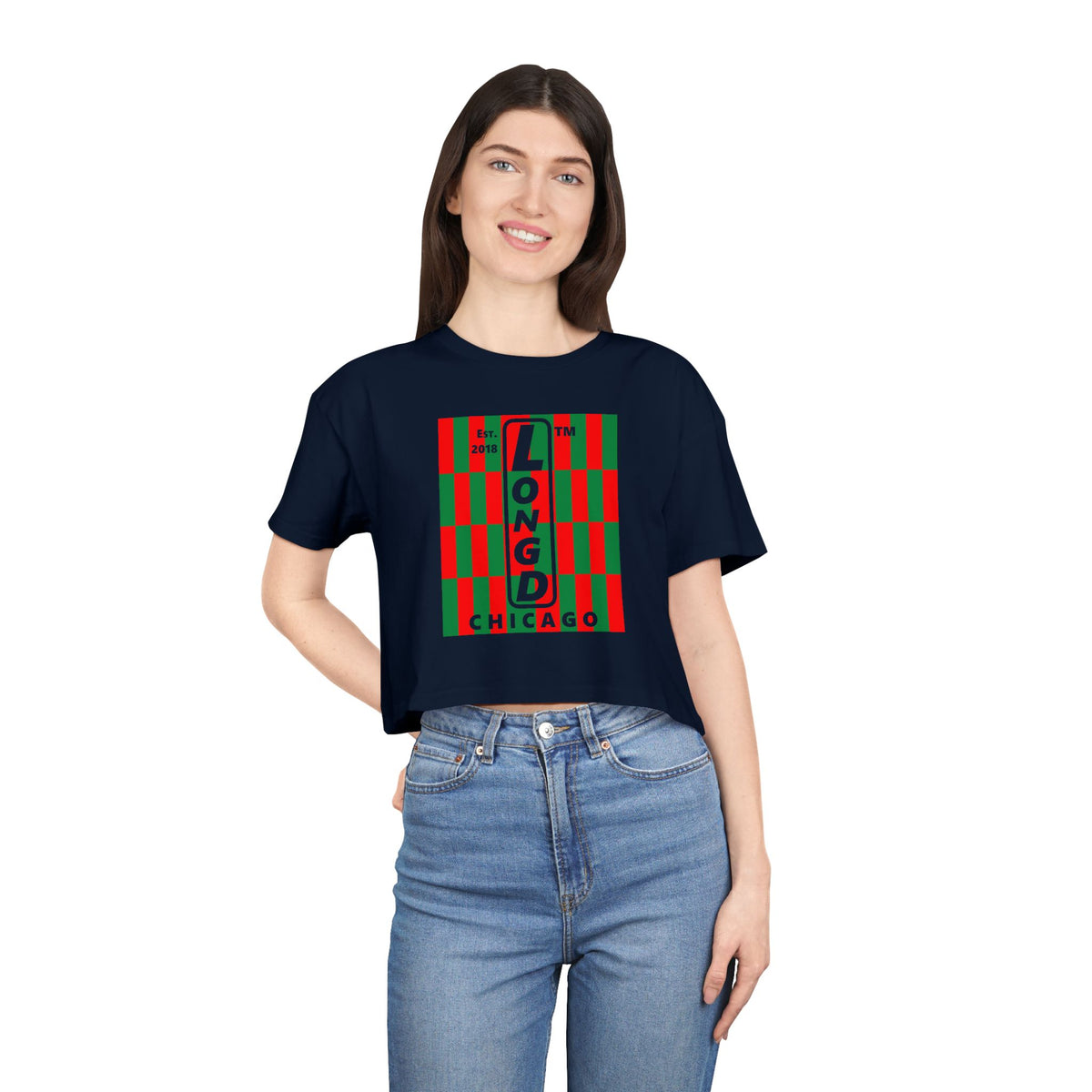 LongD Chicago negative upright tiled logo (Xmas colors) crop tee