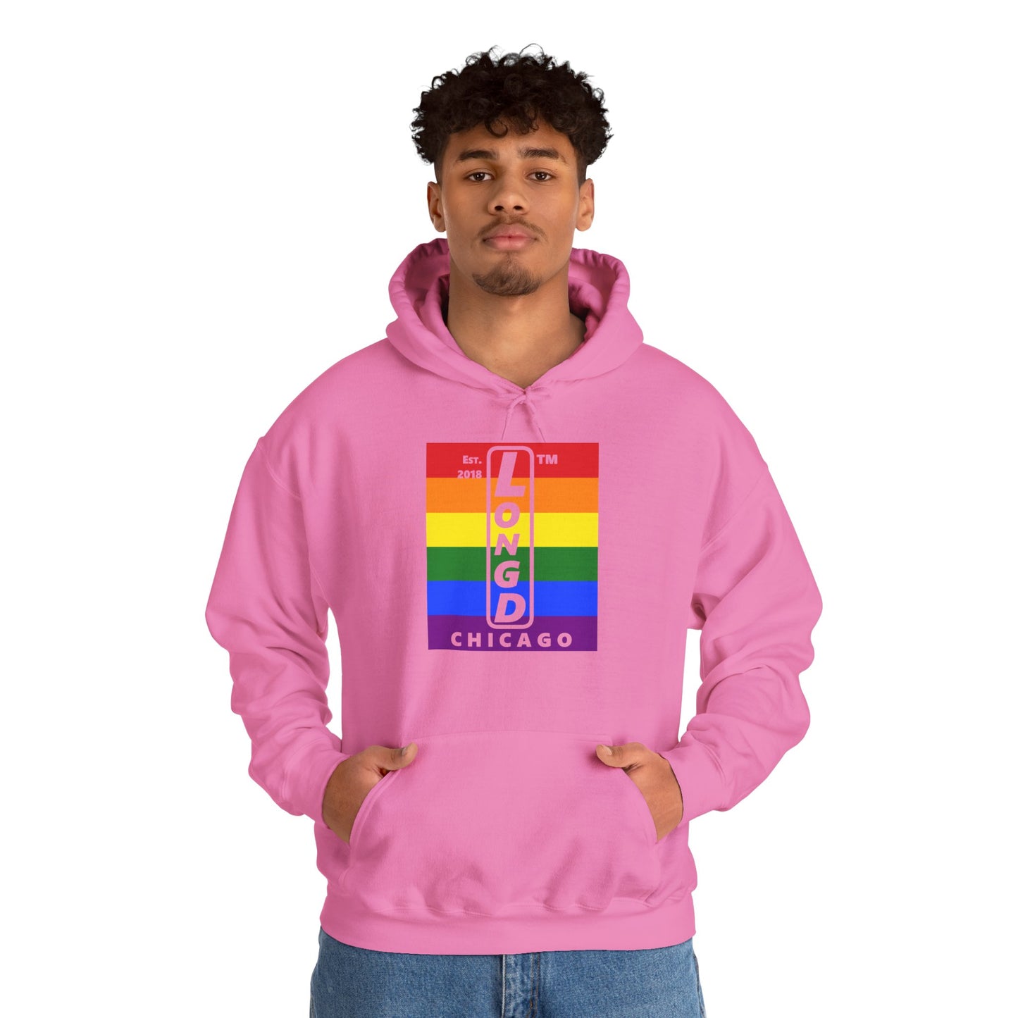 LongD® negative horizontal 6-striped upright Chicago logo hoodie (Pride colors)