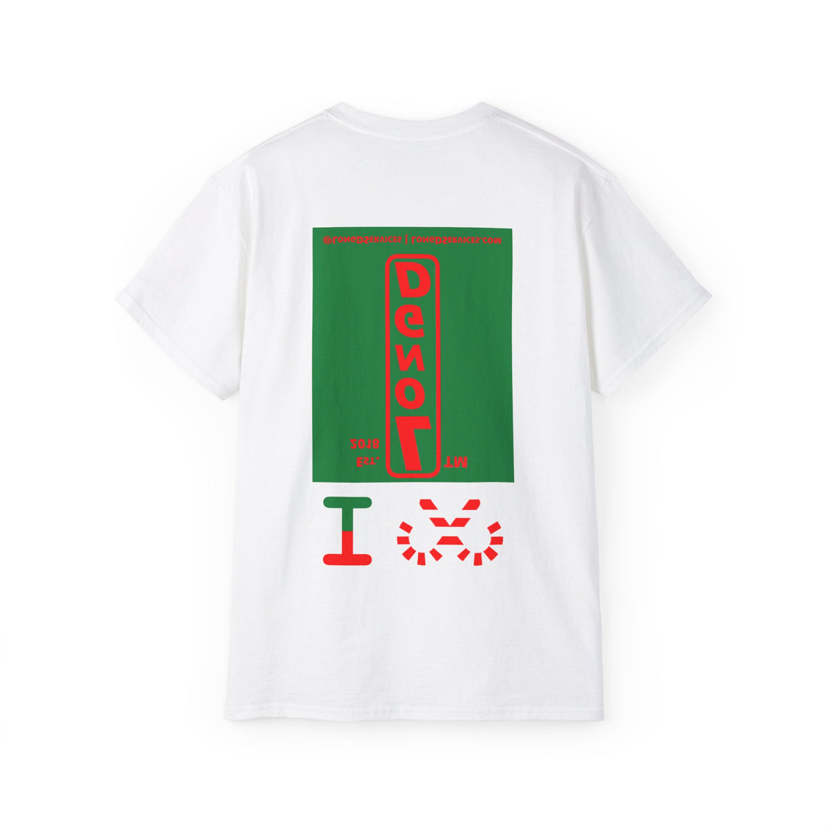 I candy cane LongD Tag-domain upright front-back logo positive red on negative green cotton tee
