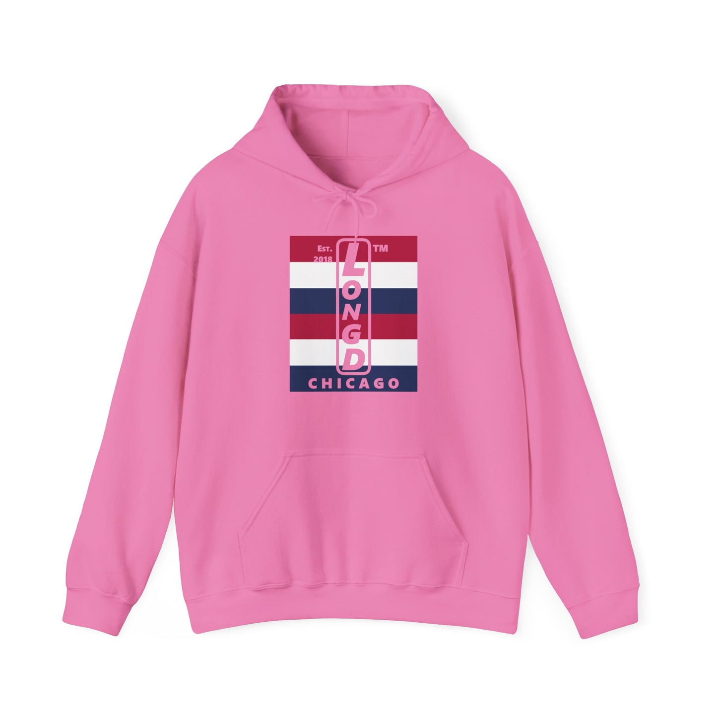 LongD® negative horizontal 6-striped upright Chicago logo hoodie