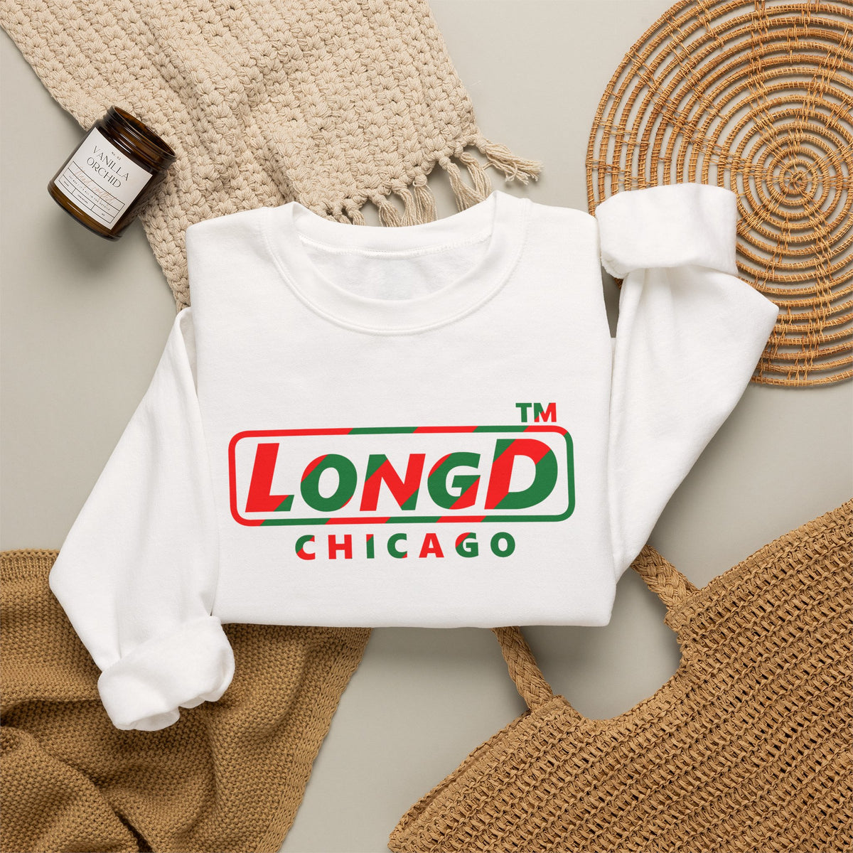 LongD Chicago positive pixel-weighted 6-striped logo (Xmas colors) crewneck sweatshirt