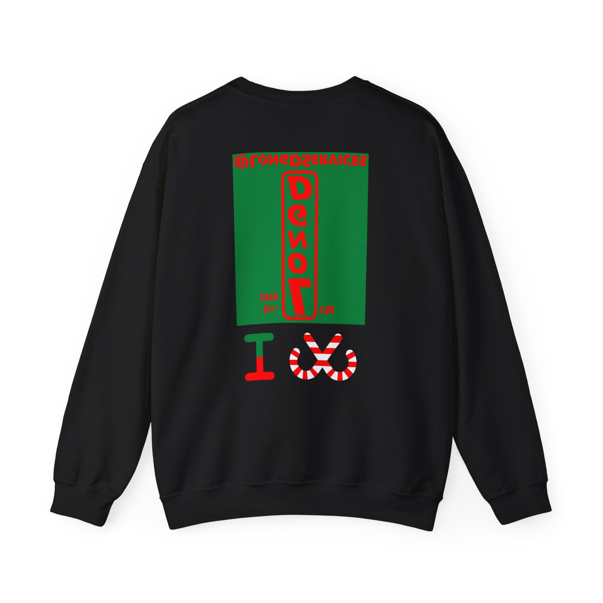 I candy cane LongD Tag upright front-back logo positive red on negative green crewneck sweatshirt
