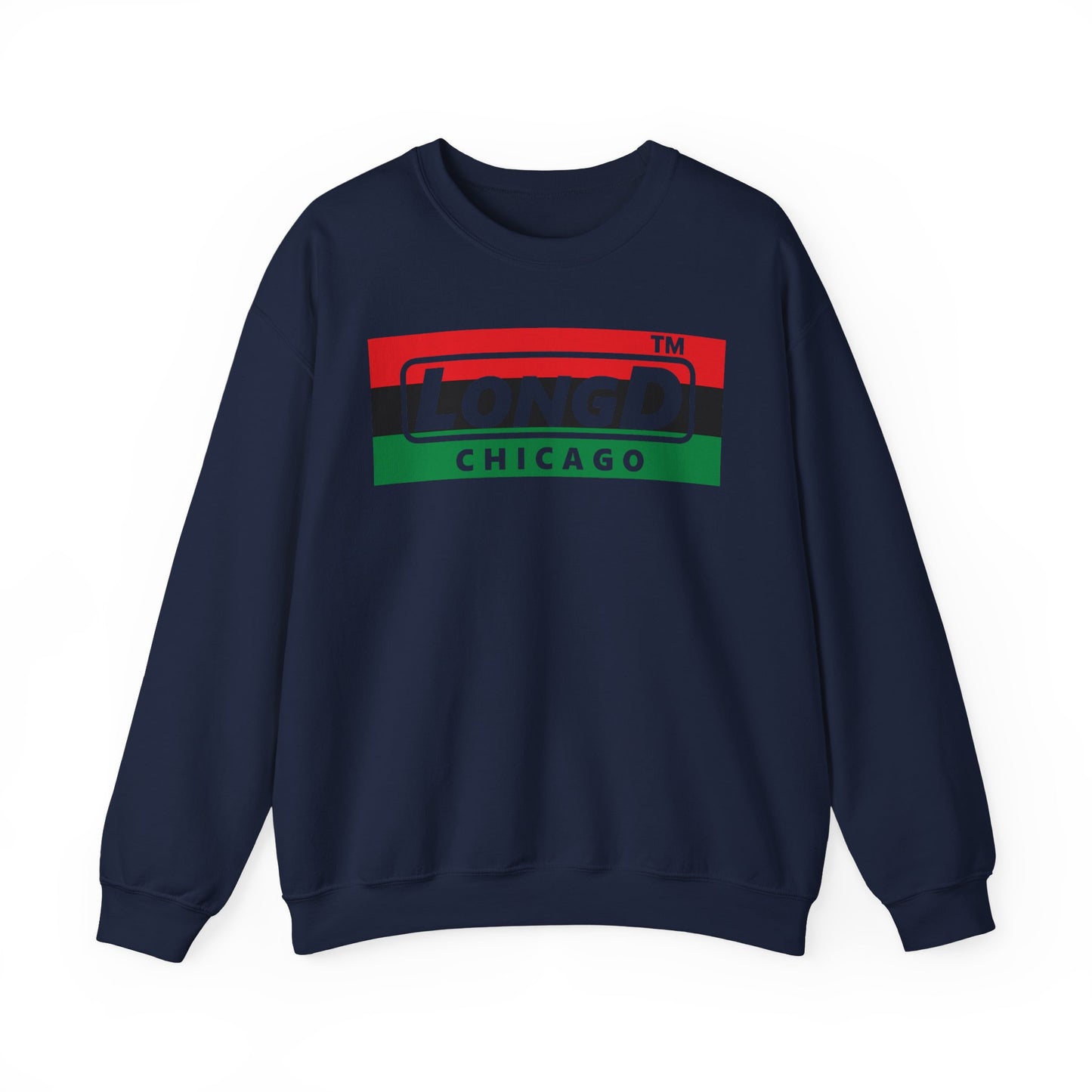 LongD negative horizontal 3-striped Chicago logo crewneck sweatshirt (Juneteenth colors)